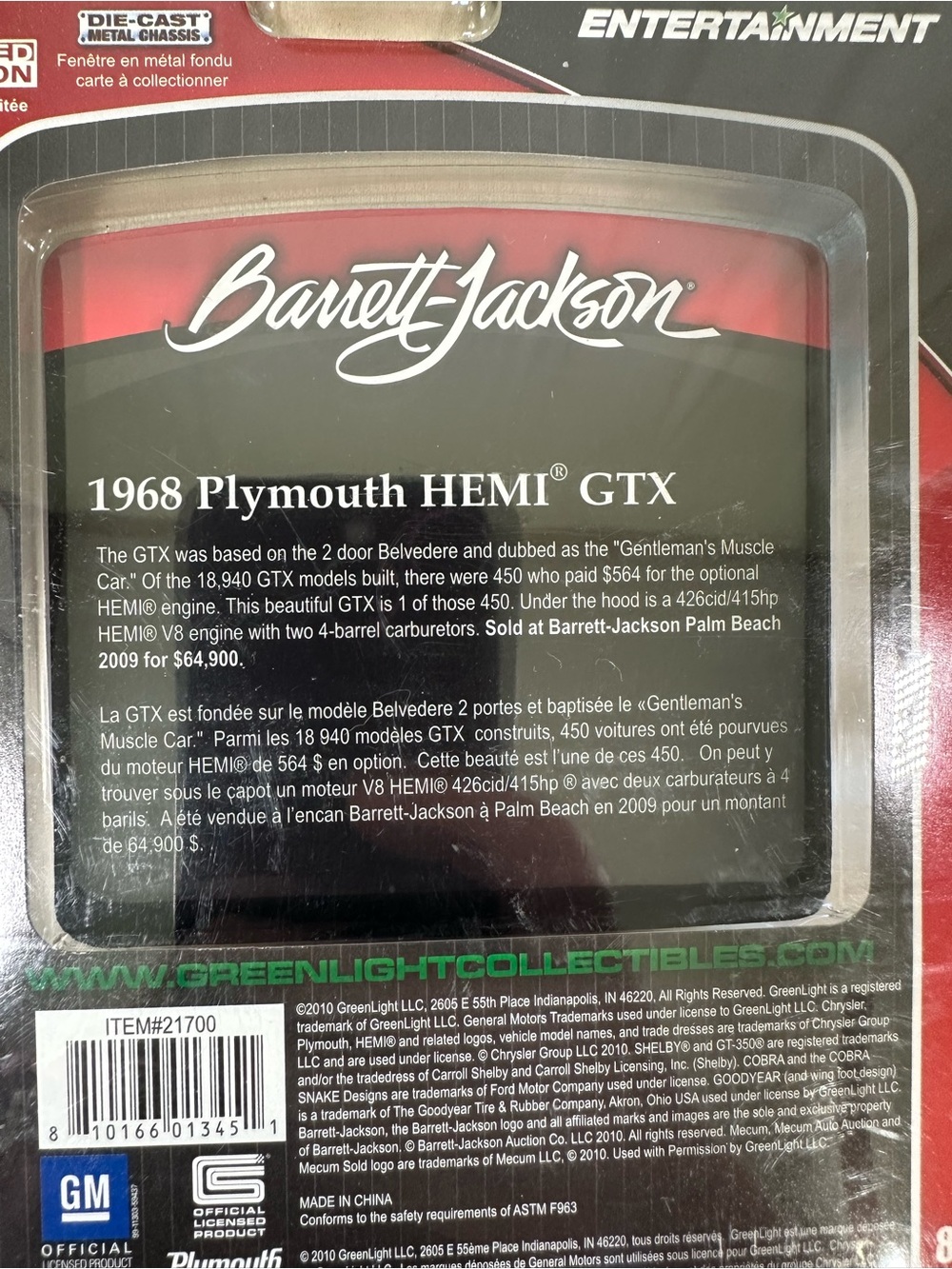 Greenlight Entertainment Auction Block 1968 Plymouth HEMI GTX Barrett-Jackson - Picture 5 of 5